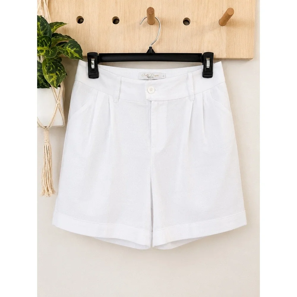 Belle Poque Womens White High Waisted‎ Pleated Dressy Shorts Retro Cuffed NEW